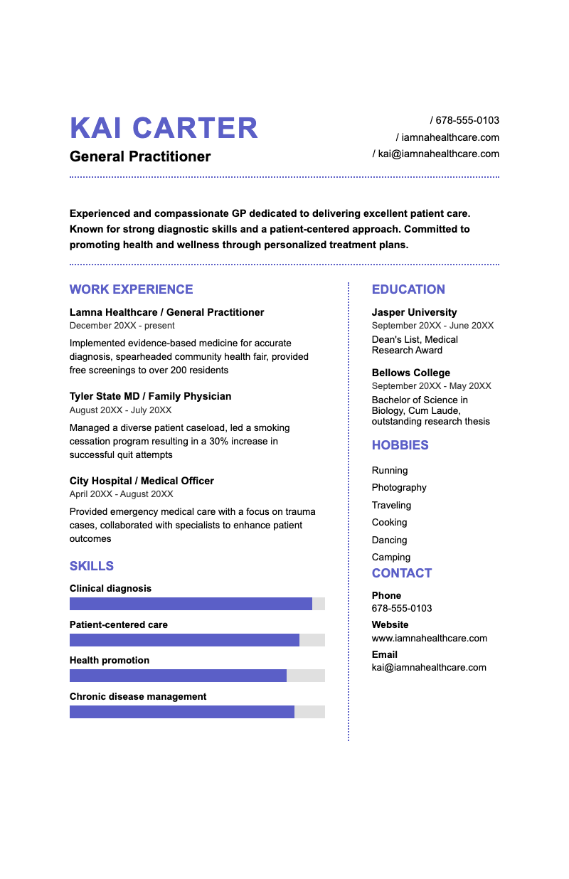 Bold profile professional resume - Clean two-column medical resume template with skill bars, perfect for physicians showcasing clinical expertise.